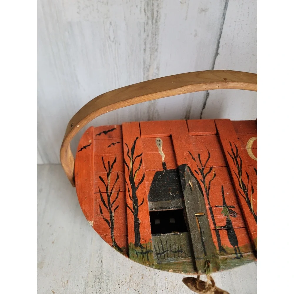 Unique vintage wooden trick or treat Halloween basket candy slot haunted house